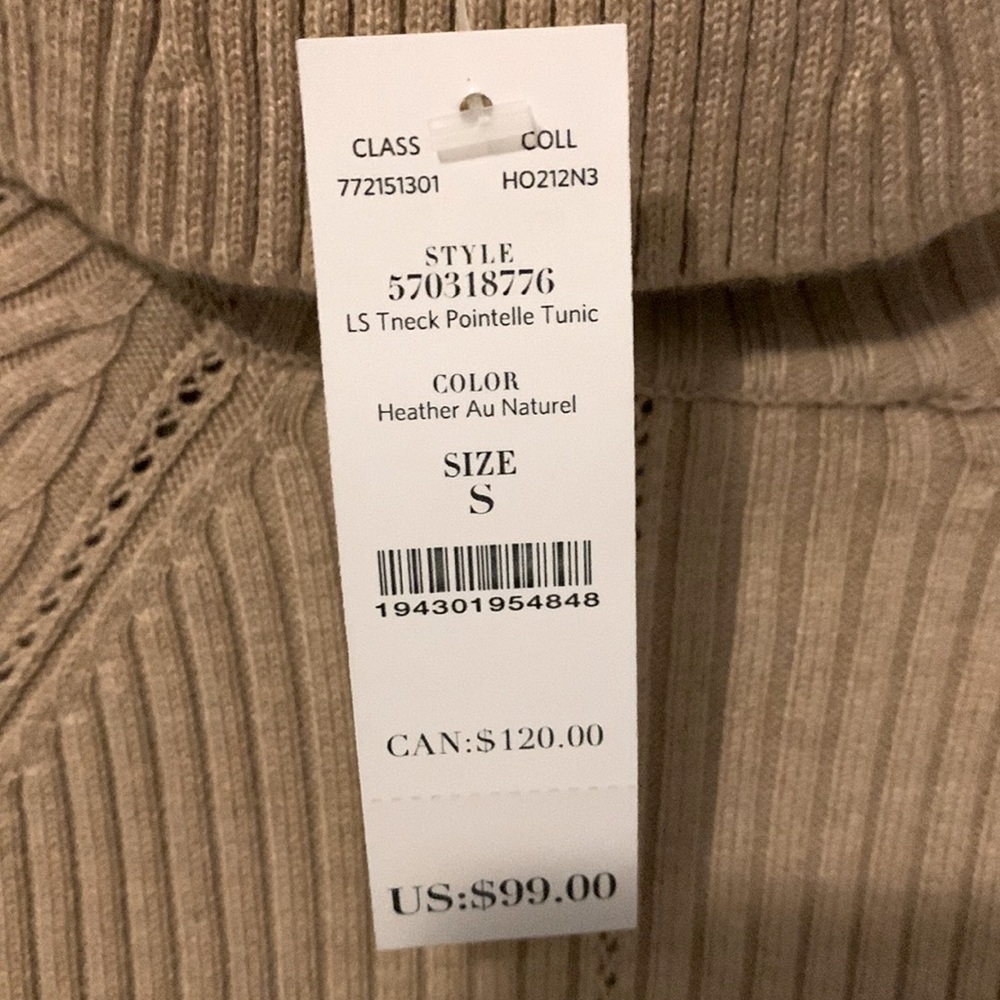 New with tags Never Worn Tan Turtleneck WHBM Suze Small No Dog Smoke